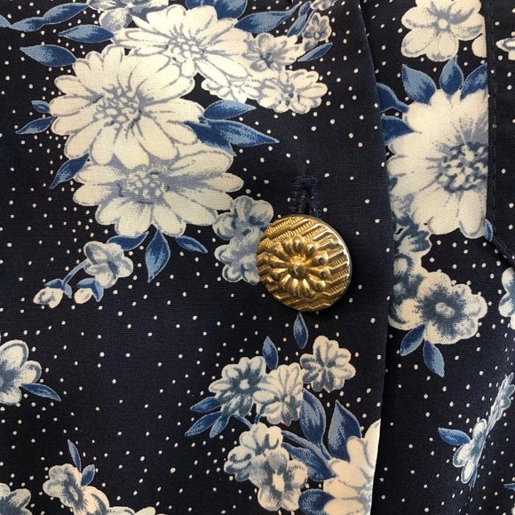 Vintage 80s Navy Blue Floral Print Pleater Belted Button Up Dress - Picture 7 of 9